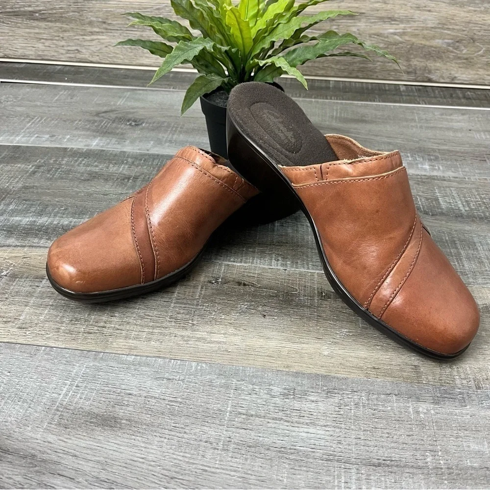 Clarks Bendables Brown Leather Slide Mules Size 8.5 Women’s - Picture 2 of 10